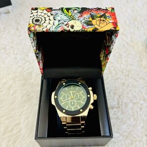 Ed Hardy Gold/Black belt Men's Chronograph Green Dial Black bezel Watch in box